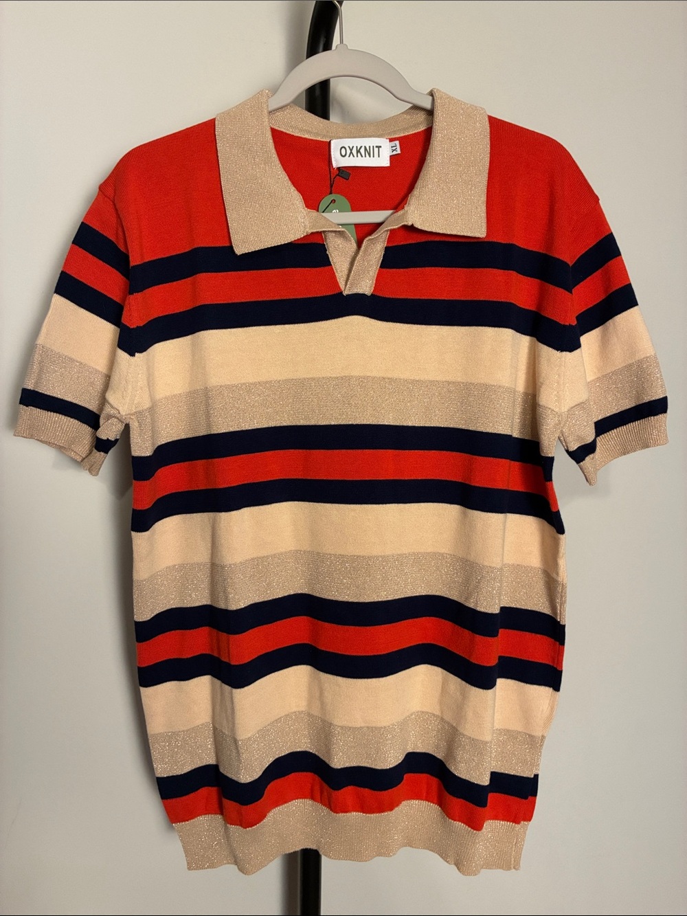 NWT OXKNIT Women's Short-Sleeve Striped Polo in Orange, Navy & Cream Metallic XL